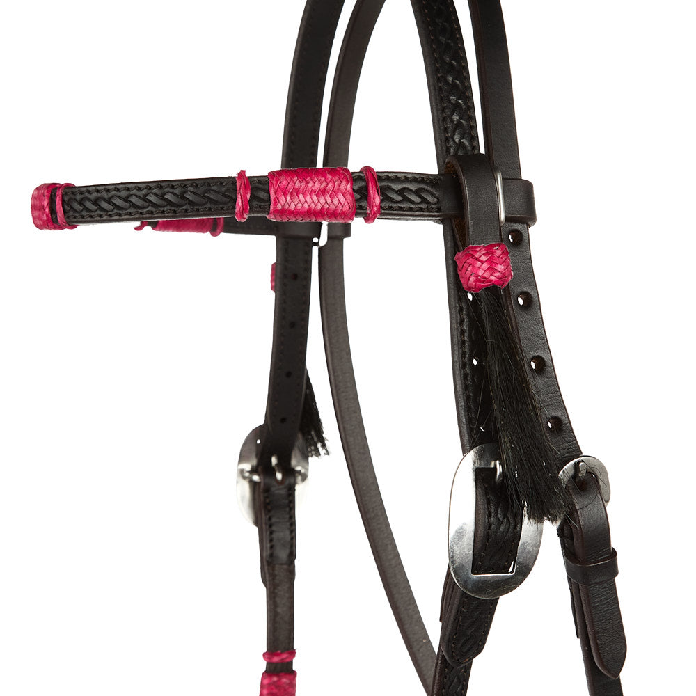 Hot Pink Rawhide Rope Tooled Browband Headstall