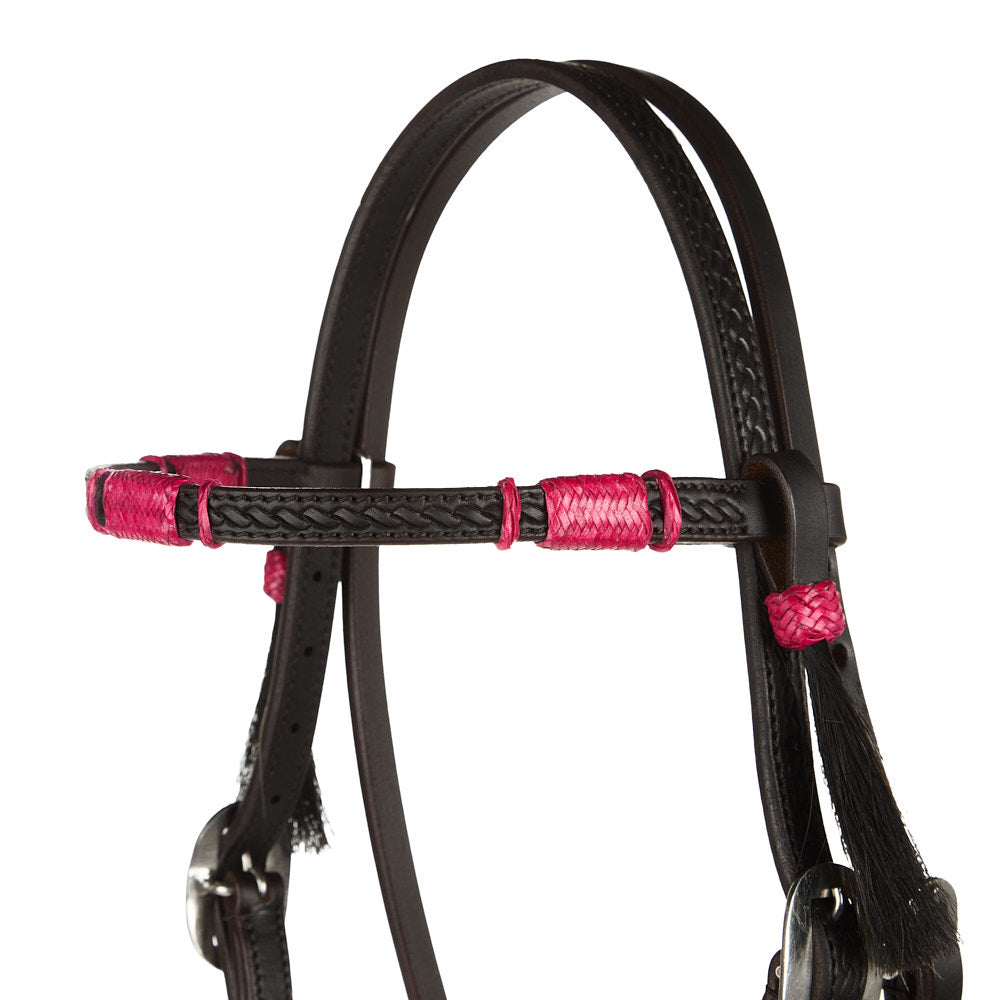 Hot Pink Rawhide Rope Tooled Browband Headstall