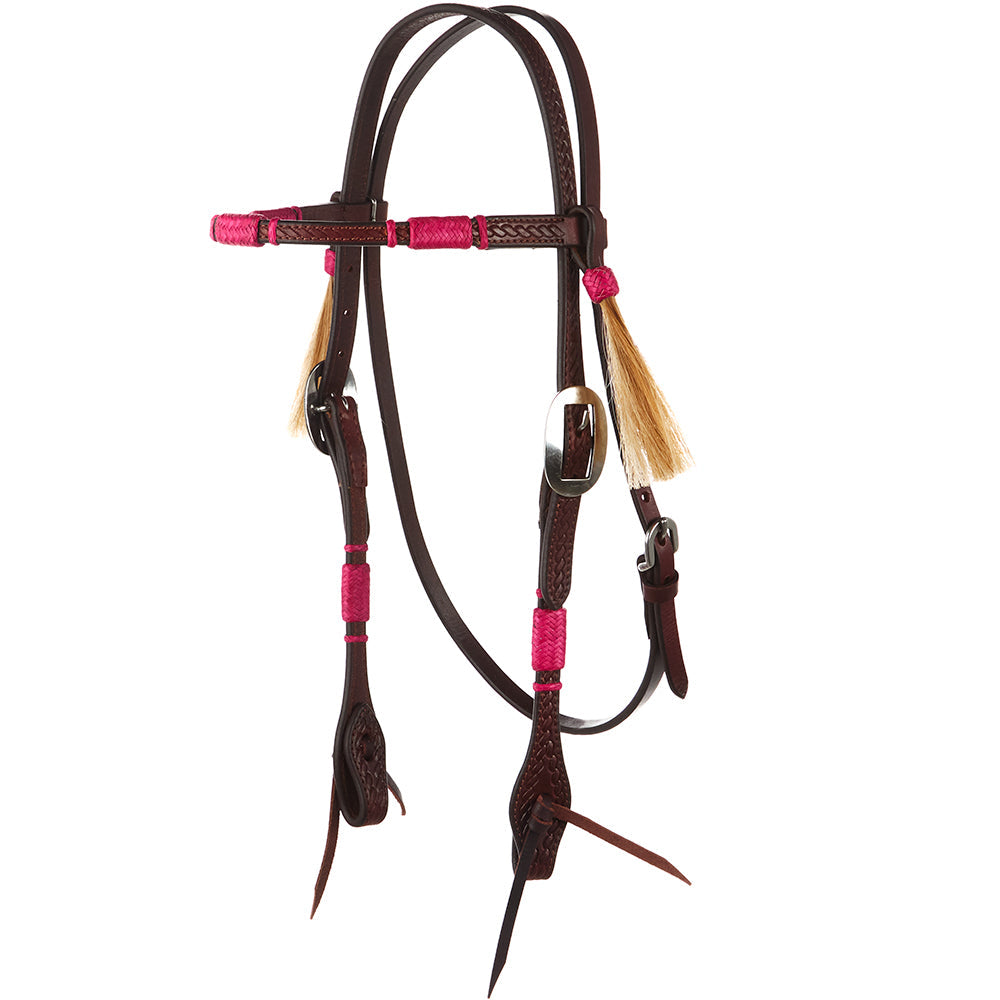 Hot Pink Rawhide Rope Tooled Browband Headstall