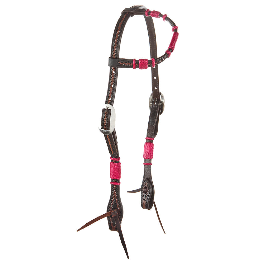Hot Pink Rawhide Rope Tooled Single Ear Headstall