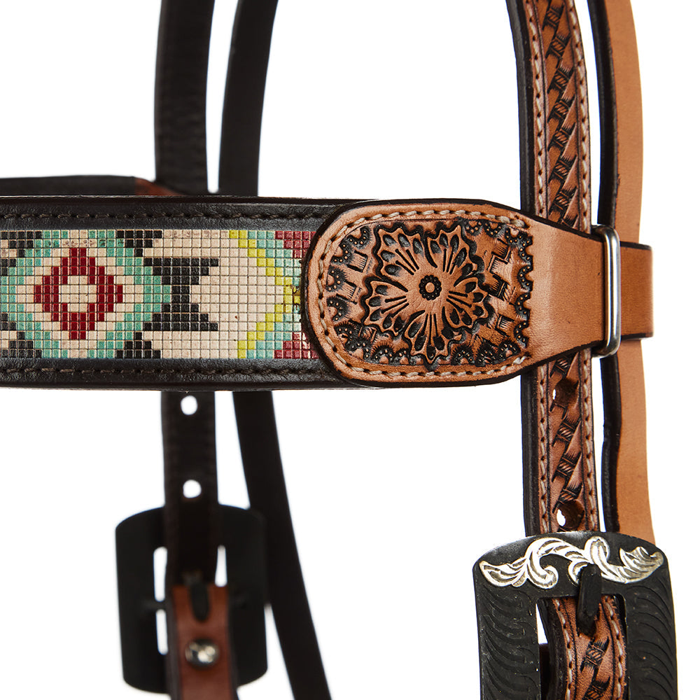 Turquoise And Rust Embossed Beadwork Browband Headstall