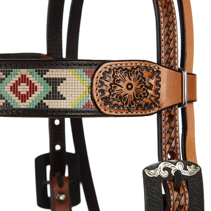 Turquoise And Rust Embossed Beadwork Browband Headstall