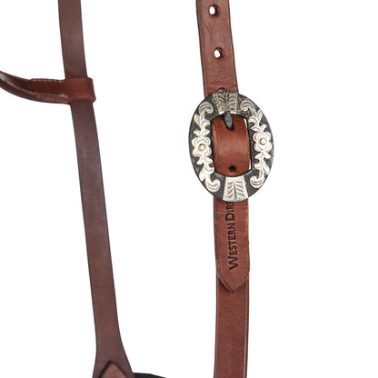 Heavy Oil Harness Leather Floral Silver Bar Single Buckle Single Ear Headstall