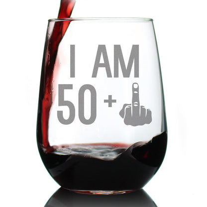 50 + 1 Middle Finger - 51st Birthday Stemless Wine Glass for Women & Men - Cute Funny Wine Gift Idea - Unique Personalized Bday Glasses for Best Friend Turning 51 - Drinking Party Decoration