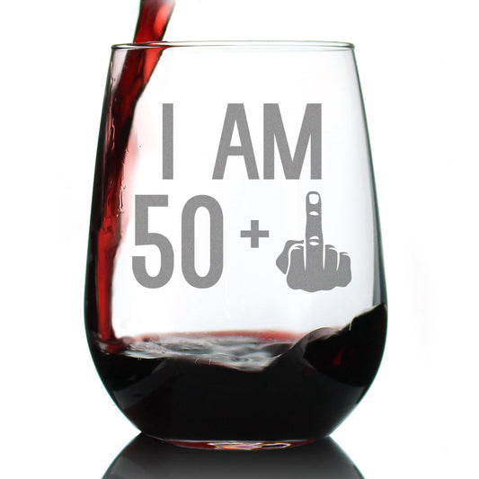 50 + 1 Middle Finger - 51st Birthday Stemless Wine Glass for Women & Men - Cute Funny Wine Gift Idea - Unique Personalized Bday Glasses for Best Friend Turning 51 - Drinking Party Decoration