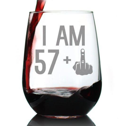 57 + 1 Middle Finger - 58th Birthday Stemless Wine Glass for Women & Men - Cute Funny Wine Gift Idea - Unique Personalized Bday Glasses for Best Friend Turning 58 - Drinking Party Decoration