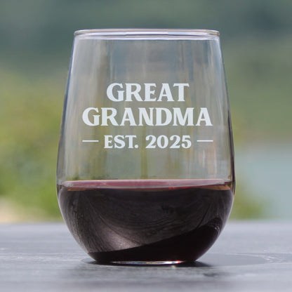 Great Grandma Est 2025 - New Great Grandmother Stemless Wine Glass Gift for First Time Great Grandparents - Bold 17 Oz Large Glasses
