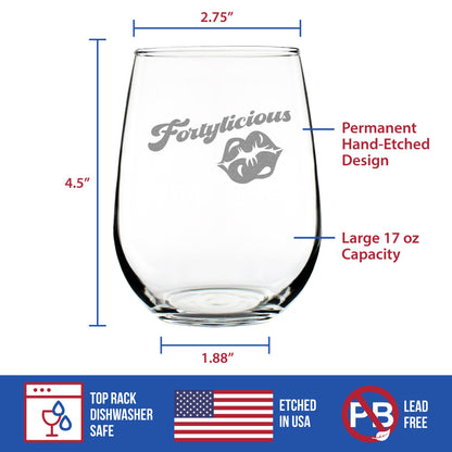 Fortylicious - Stemless Wine Glass Gift - Funny 40th Birthday Gifts for Women Turning 40 - Large 17 Ounce