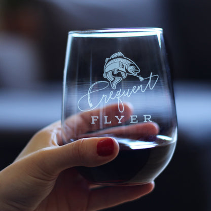 Frequent Flyer Engraved Stemless Wine Glass Gifts for Fly Fishers Large Wine Glasses - 17 oz