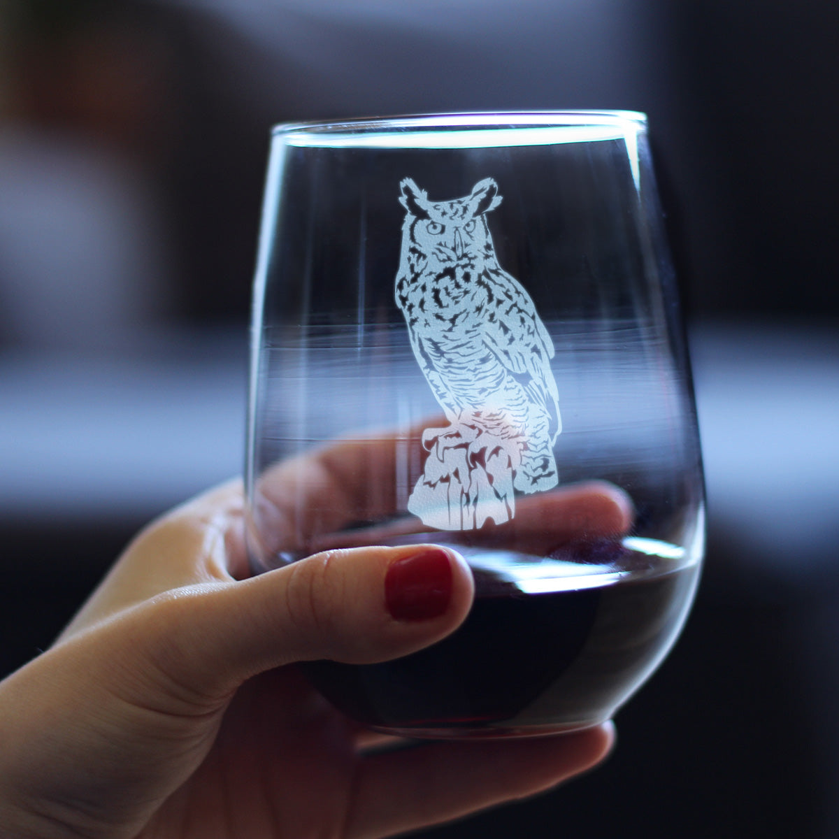Great Horned Owl Engraved Stemless Wine Glass Owl Decor and Bird Lover Gifts Large Wine Glasses - 17 oz