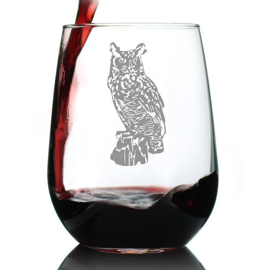 Great Horned Owl Engraved Stemless Wine Glass Owl Decor and Bird Lover Gifts Large Wine Glasses - 17 oz