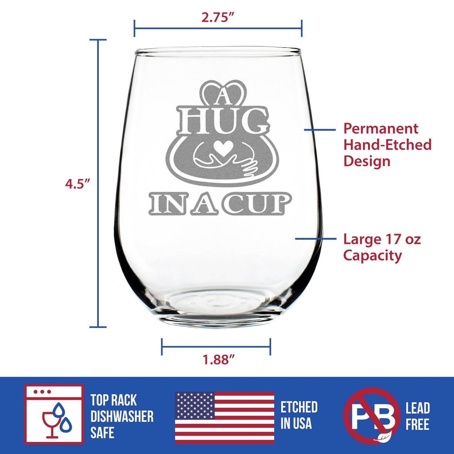 Hug in a Cup - Stemless Wine Glass Gift - Sympathy Gifts for Comfort and Encouragement - Large 17 Ounce