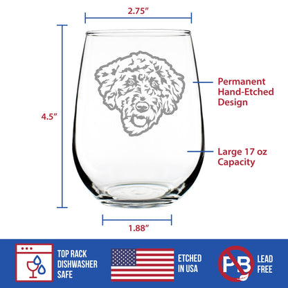 Labradoodle Face - Stemless Wine Glass - Labradoodle Gifts for Dog Lovers Women & Men - Large 17 Ounce Glasses