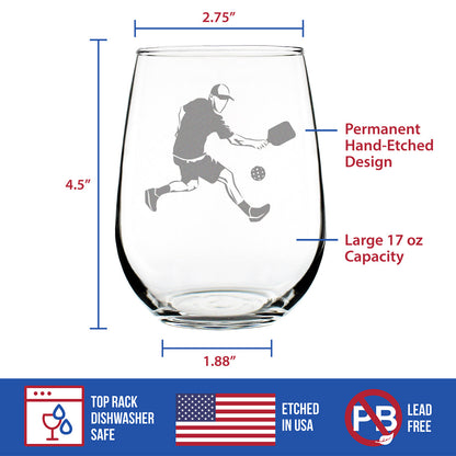 Pickleball Player Man Stemless Wine Glass - Pickleball Gifts and Decor for Men - Large 17 Oz Glasses
