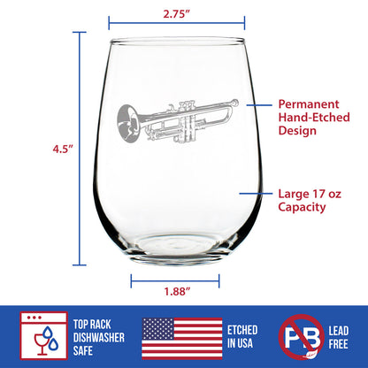 Trumpet Stemless Wine Glass - Music Gifts for Trumpet Players, Teachers and Musical Accessories for Musicians that Play Trumpets - Large 17 Oz Glasses
