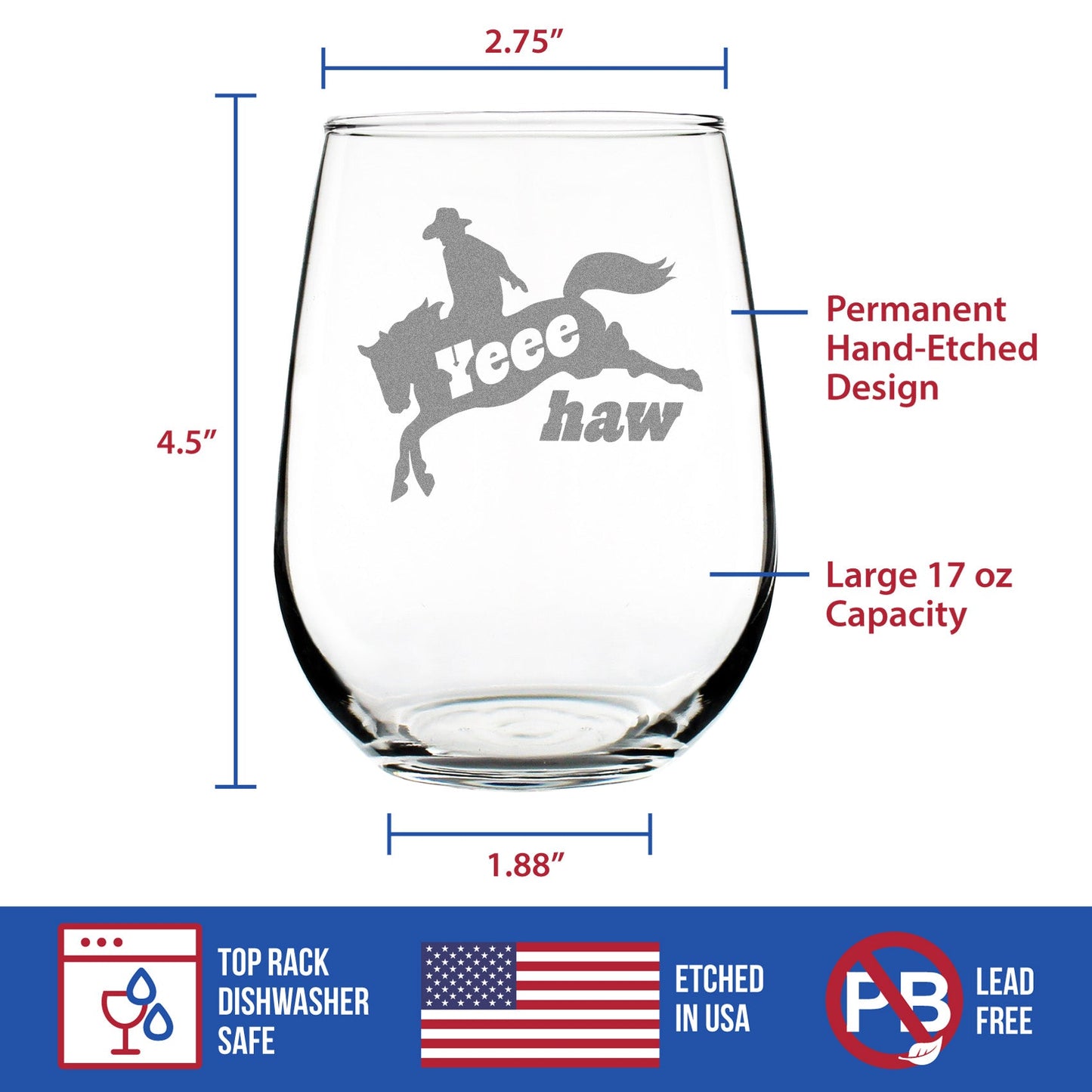 Yeehaw Engraved Stemless Wine Glass Gifts Rodeo Party Decor & Western Home Decorations Large Wine Glasses - 17 oz
