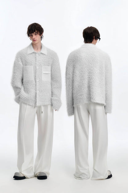 White Chunky Knit Cardigan - Ceramic Button & Shawl Collar Design