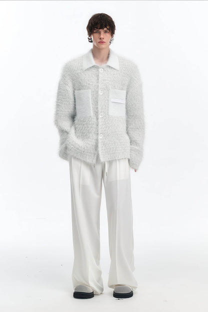 White Chunky Knit Cardigan - Ceramic Button & Shawl Collar Design