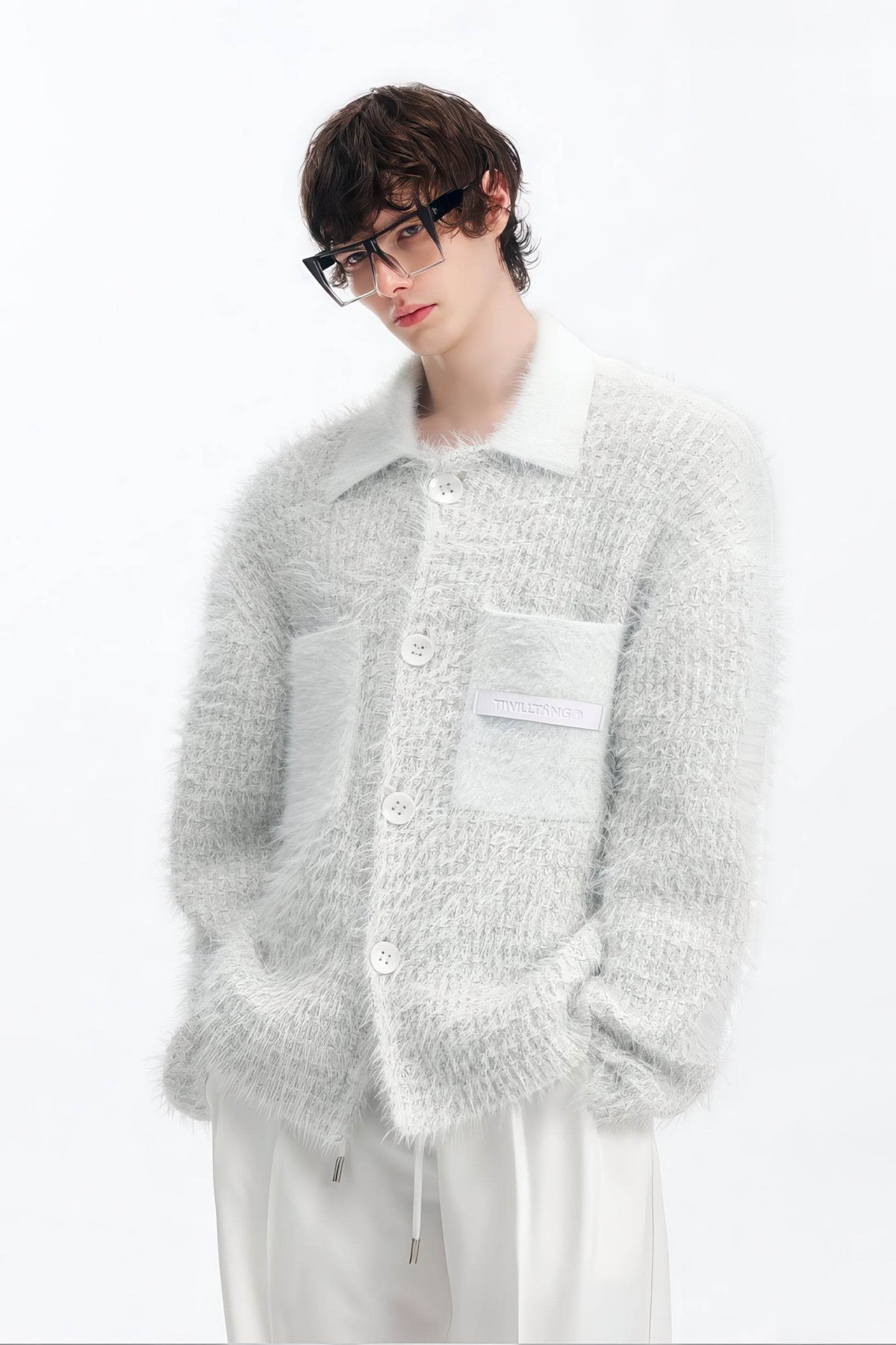 White Chunky Knit Cardigan - Ceramic Button & Shawl Collar Design