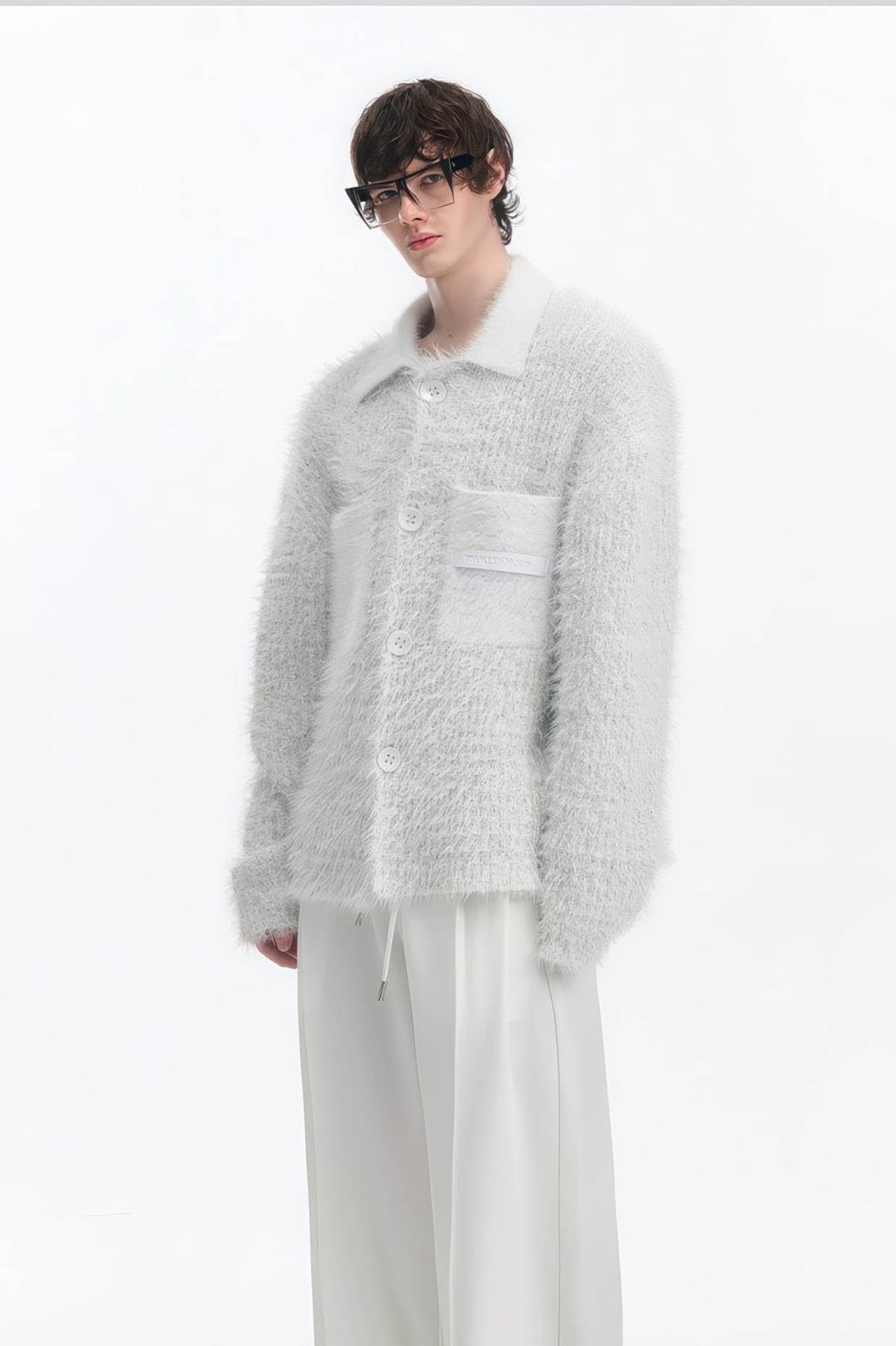 White Chunky Knit Cardigan - Ceramic Button & Shawl Collar Design