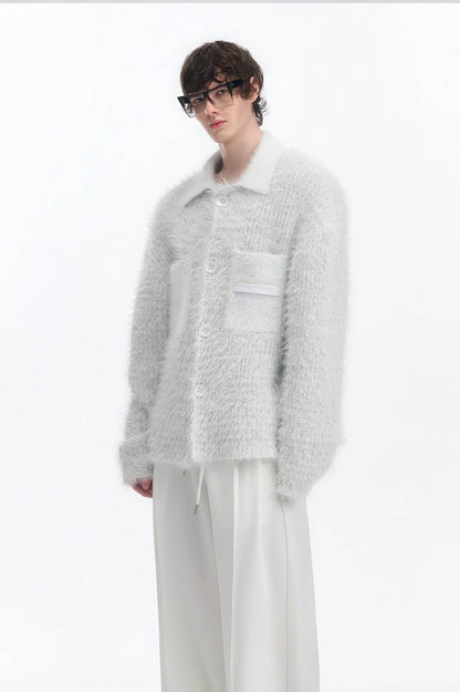 White Chunky Knit Cardigan - Ceramic Button & Shawl Collar Design