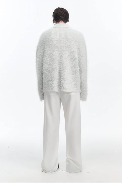White Chunky Knit Cardigan - Ceramic Button & Shawl Collar Design