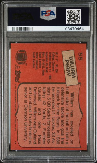 Graded 1987 Topps William "The Refrigerator" Perry #55 Football Card PSA 8 NM-MT