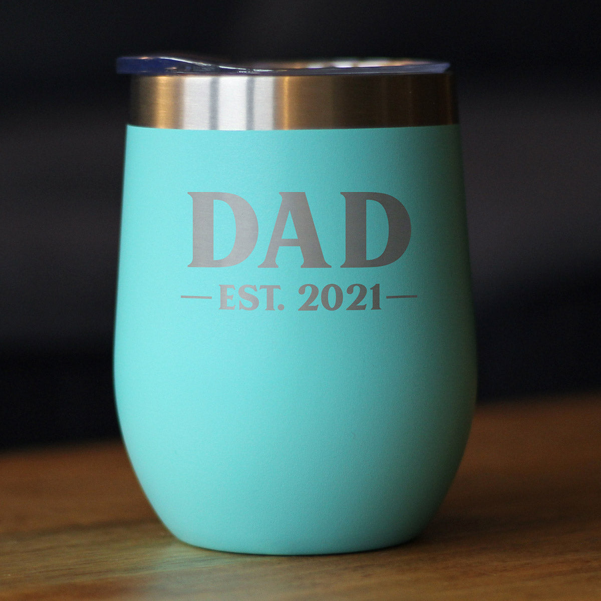 Dad Est 2021 - New Father Wine Tumbler with Sliding Lid - Stemless Stainless Steel Insulated Mug - Bold Outdoor Camping Gift