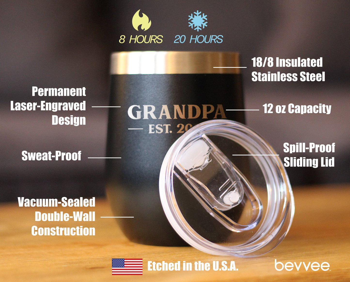 Grandpa Est 2021 - Wine Tumbler with Sliding Lid - Stemless Stainless Steel Insulated Mug - Bold Outdoor Camping Gift