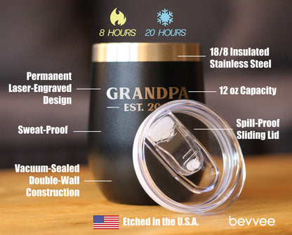 Grandpa Est 2021 - Wine Tumbler with Sliding Lid - Stemless Stainless Steel Insulated Mug - Bold Outdoor Camping Gift
