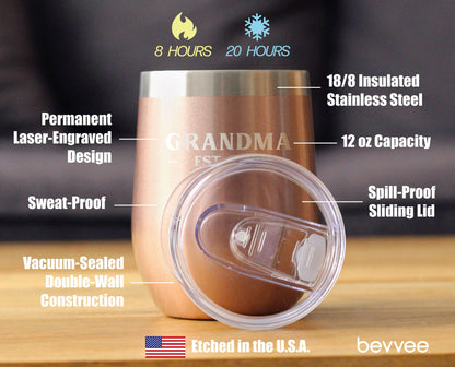 Grandma Est 2021 - Wine Tumbler with Sliding Lid - Stemless Stainless Steel Insulated Mug - Bold Outdoor Camping Gift