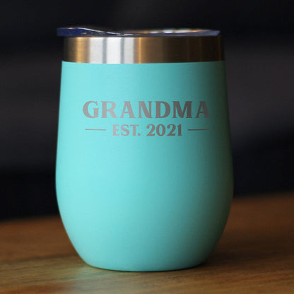 Grandma Est 2021 - Wine Tumbler with Sliding Lid - Stemless Stainless Steel Insulated Mug - Bold Outdoor Camping Gift
