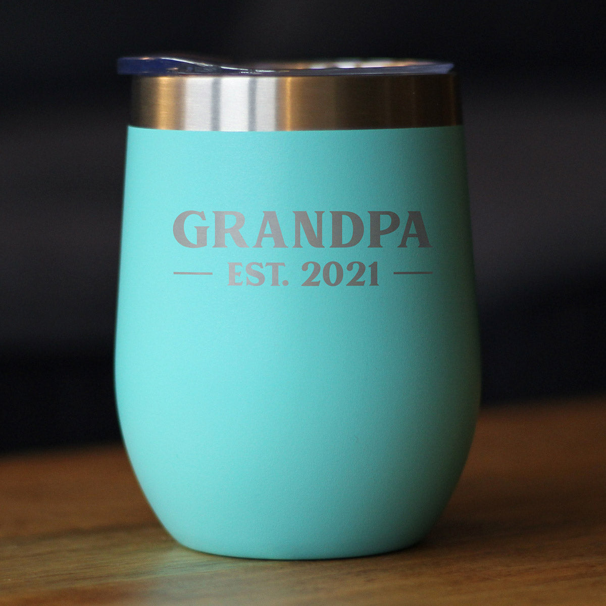 Grandpa Est 2021 - Wine Tumbler with Sliding Lid - Stemless Stainless Steel Insulated Mug - Bold Outdoor Camping Gift