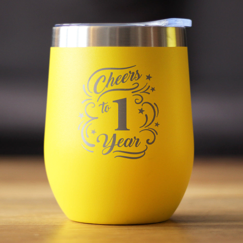 Cheers to 1 Year - Wine Tumbler Glass with Sliding Lid - Stainless Steel Insulated Mug - 1st Anniversary Gifts and Party Decor