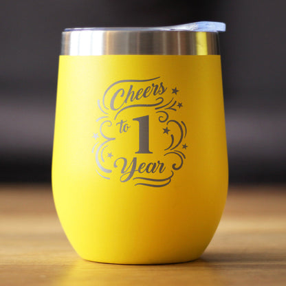 Cheers to 1 Year - Wine Tumbler Glass with Sliding Lid - Stainless Steel Insulated Mug - 1st Anniversary Gifts and Party Decor