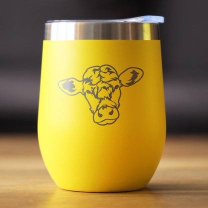 Cow Face - Wine Tumbler Glass with Sliding Lid - Stainless Steel Insulated Mug - Cow Gift for Women and Men