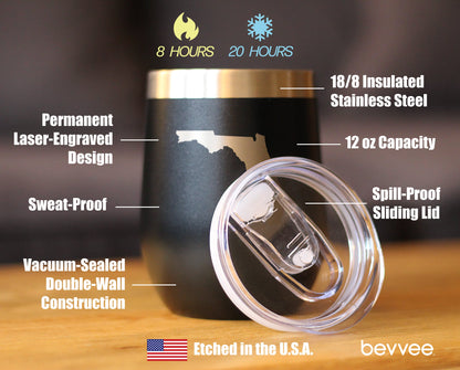 Florida State Outline - Wine Tumbler Glass with Sliding Lid - Stainless Steel Insulated Mug - State Themed Outdoor Camping Gifts For Floridians
