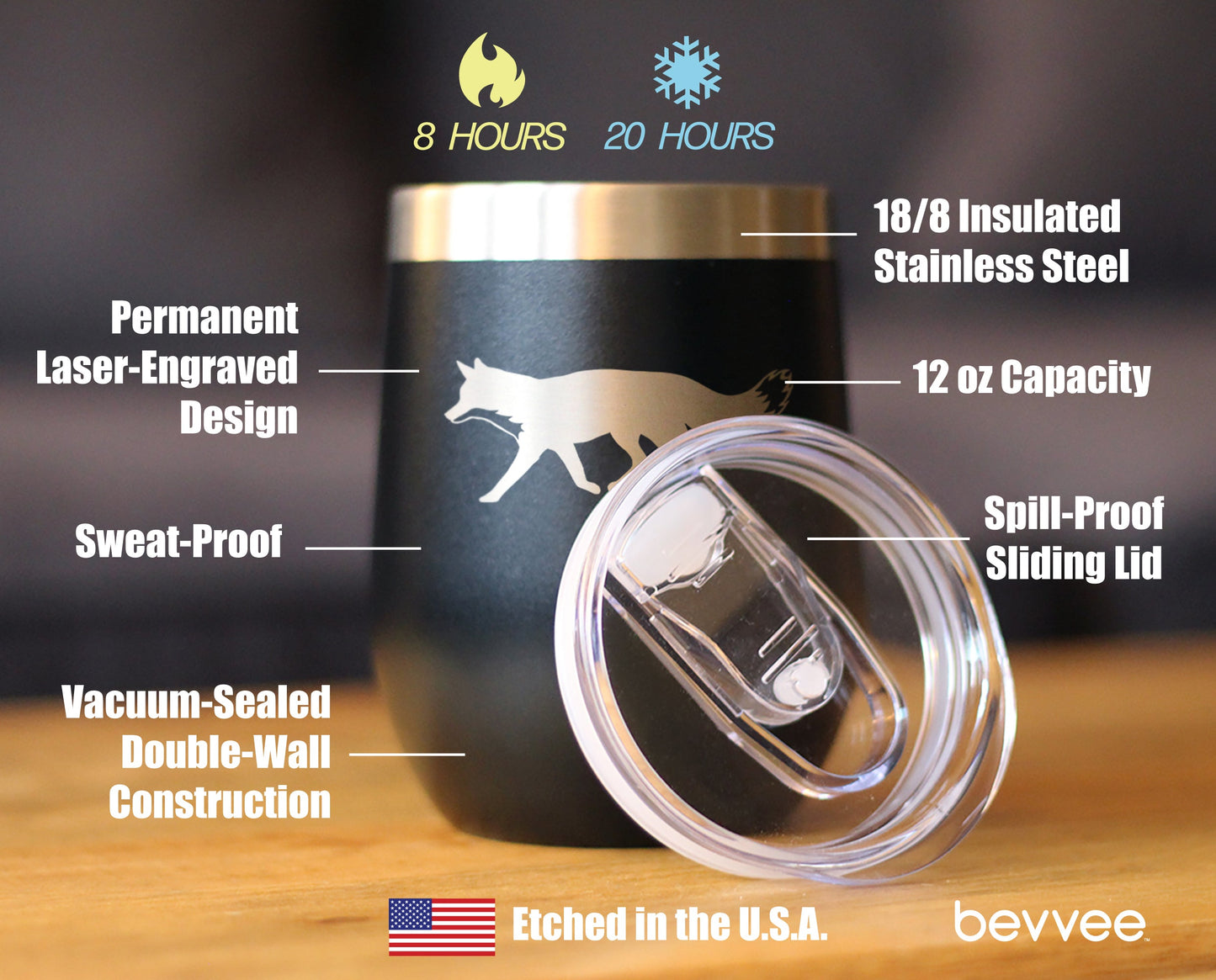 Fox Silhouette - Wine Tumbler with Sliding Lid - Stemless Stainless Steel Insulated Cup - Cute Cabin Themed Gifts or Rustic Decor
