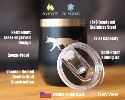 Fox Silhouette - Wine Tumbler with Sliding Lid - Stemless Stainless Steel Insulated Cup - Cute Cabin Themed Gifts or Rustic Decor
