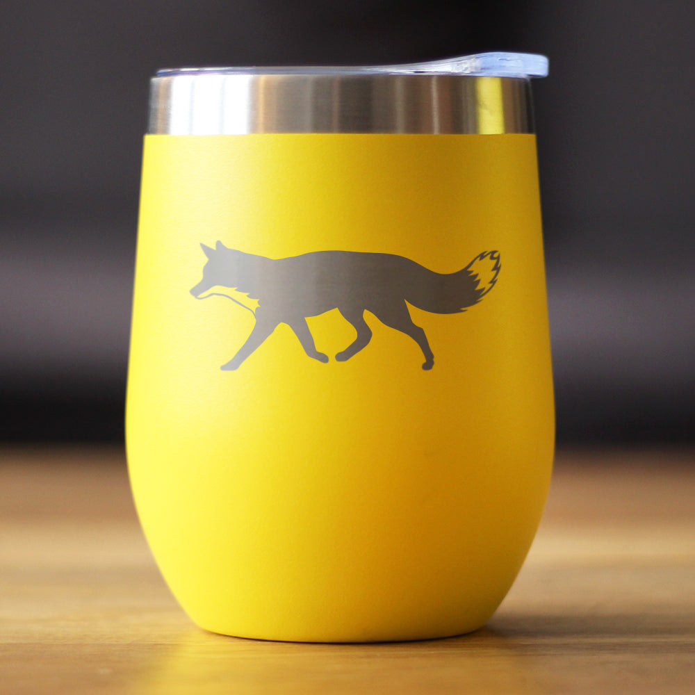 Fox Silhouette - Wine Tumbler with Sliding Lid - Stemless Stainless Steel Insulated Cup - Cute Cabin Themed Gifts or Rustic Decor