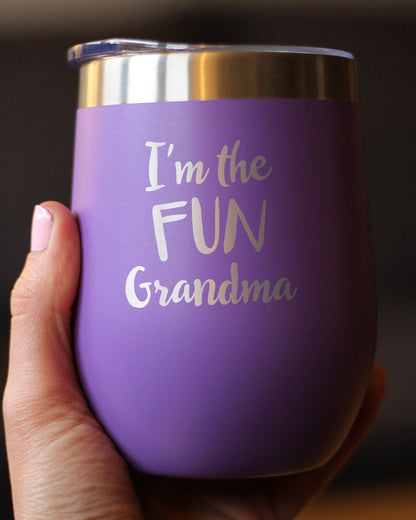 Fun Grandma - Wine Tumbler with Sliding Lid - Stemless Stainless Steel Insulated Cup - Funny Outdoor Camping Gifts