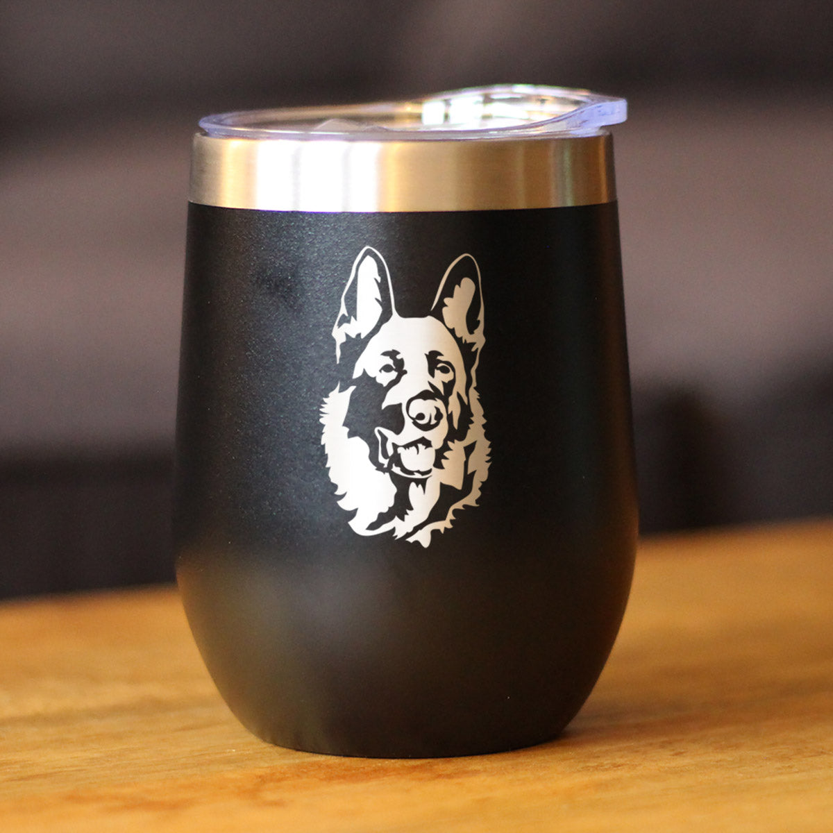 German Shepherd - Wine Tumbler with Sliding Lid - Stemless Stainless Steel Insulated Cup - German Shepherds Outdoor Camping Mug