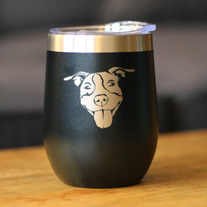 Happy Pitbull - Wine Tumbler Glass with Sliding Lid - Stainless Steel Insulated Mug - Cute Pitbull Themed Dog Gifts and Party Decor for Women and Men