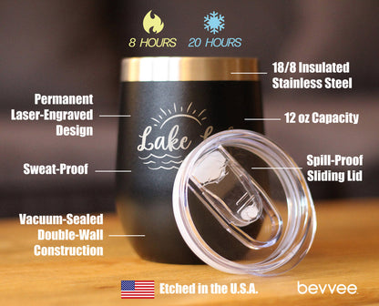 Lake Life - Wine Tumbler with Sliding Lid - Stemless Stainless Steel Insulated Cup - Cute Outdoor Camping Mug