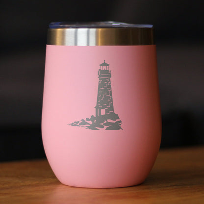 Lighthouse - Wine Tumbler Glass with Sliding Lid - Stainless Steel Travel Mug - Beach Gifts and Decor for Women and Men