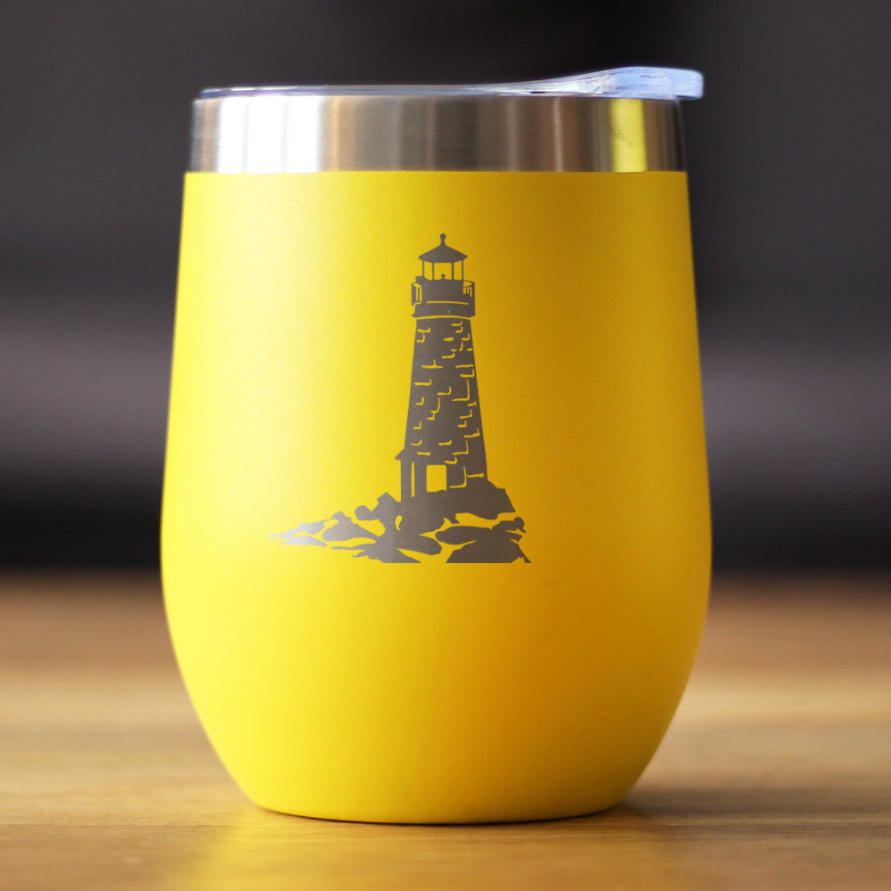 Lighthouse - Wine Tumbler Glass with Sliding Lid - Stainless Steel Travel Mug - Beach Gifts and Decor for Women and Men