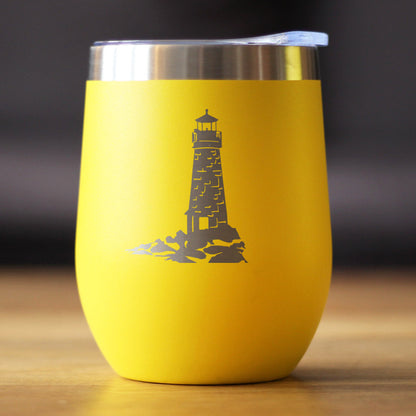 Lighthouse - Wine Tumbler Glass with Sliding Lid - Stainless Steel Travel Mug - Beach Gifts and Decor for Women and Men