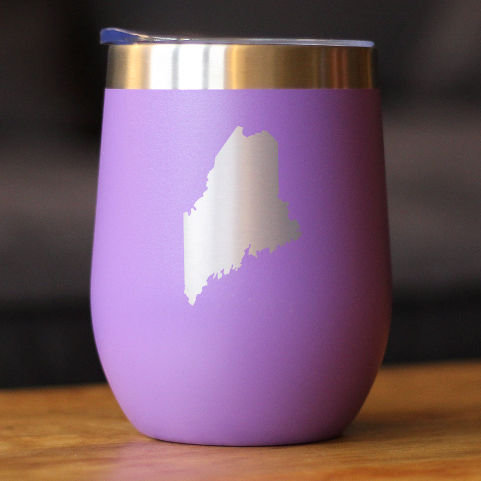 Maine State Outline - Wine Tumbler Glass with Sliding Lid - Stainless Steel Travel Mug - Maine Gifts for Women and Men Mainers