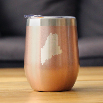 Maine State Outline - Wine Tumbler Glass with Sliding Lid - Stainless Steel Travel Mug - Maine Gifts for Women and Men Mainers