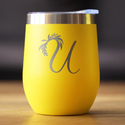Monogram Floral Initial Letter U - Wine Tumbler